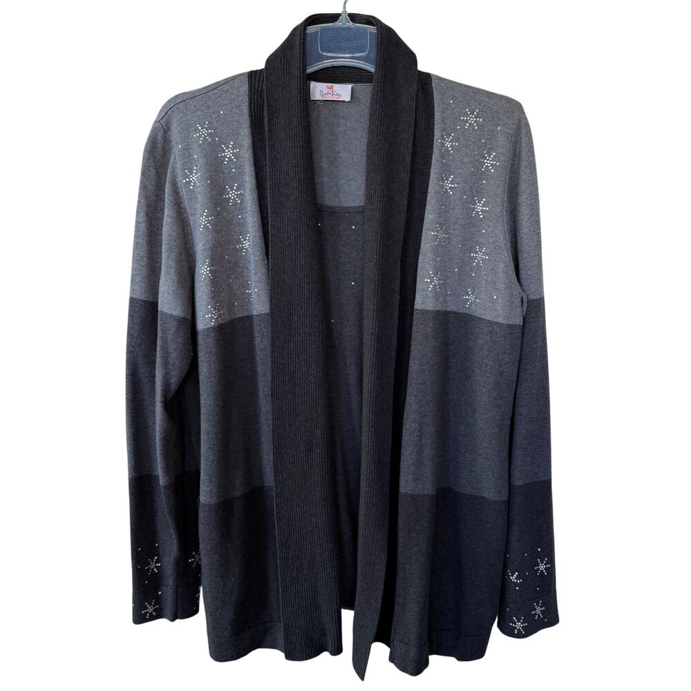 Quacker Factory Gray Block Cardigan Vest Sweater size 1X bling knit